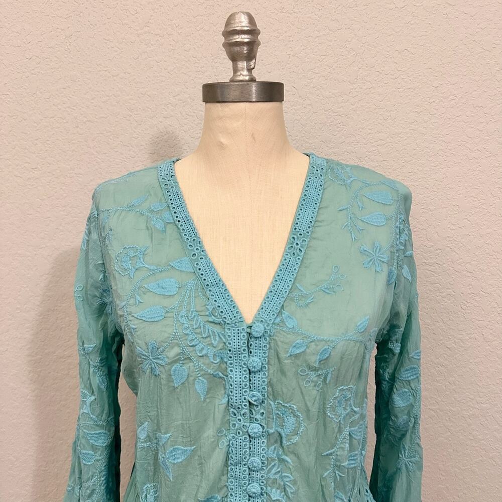 JOHNNY WAS Ingrid Reveka Blouse Top Marine Blue Floral Eyelet Peplum - Picture 3 of 11